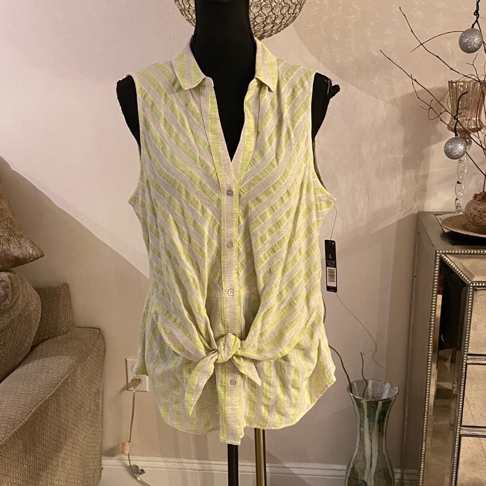 NIC+ZOE Yellow Striped Sleeveless Button-Down Shirt size L NWT